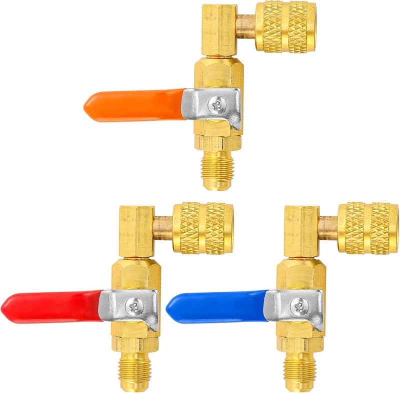 Tigbear R410A Shut-Off Ball Valve, 90 Brass Air Conditioning Refrigerant Ball Valve, 1/4" Inlet x 5/16" SAE Female Outlet, Red, Blue, Yellowe (90 Degree) - Image 1